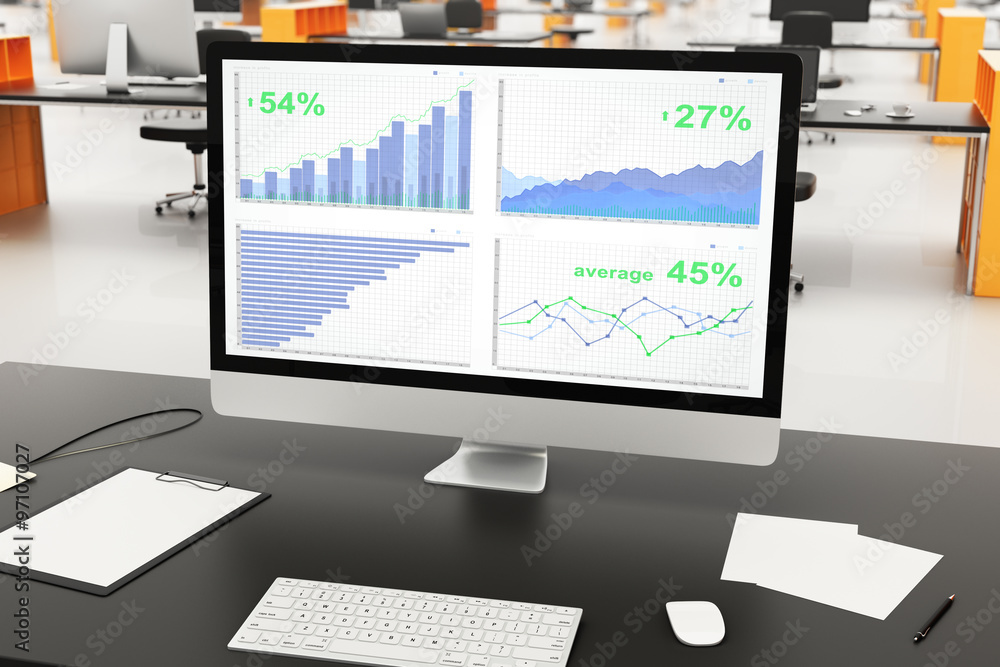 Poster business chart on computer screen with other accessories on blac