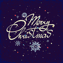 Merry Christmas hand lettering isolated on dark background. Vector image. Greeting card.