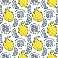 Cute yellow lemons pattern. Vector handdrawn seamless background with citrus slice