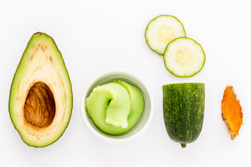Natural ingredient for skincare and scrub with cucumber, avocado
