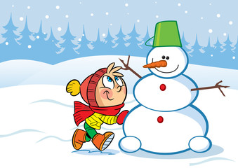 In the illustration a little girl sculpts snow funny snowman. Vector illustration done in cartoon style, on separate layers.