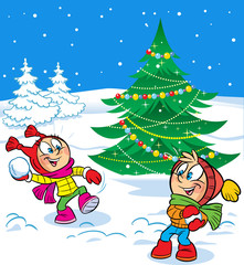Obraz na płótnie Canvas The illustration shows a fun game kids throwing snowballs on a background of the Christmas tree. Vector illustration done in cartoon style, on separate layers.