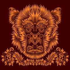 Fiery monkey head. Patterned abstract concept in antique style.