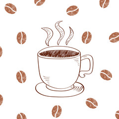 Cup of hot coffee isolated on white background. Doodle vector illustration.