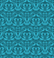 Damask seamless pattern repeating background. Blue floral ornament in baroque style.