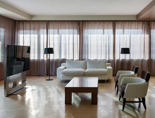 Home modern theater interior with big windows