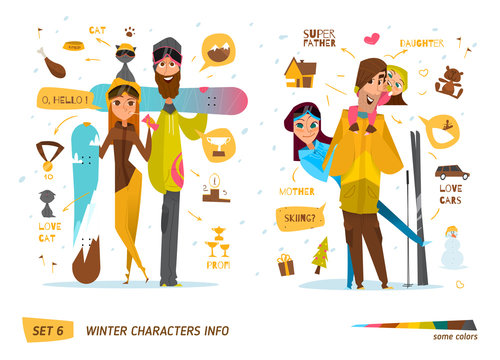 Winter characters with snowboard set