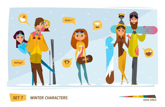 Winter characters with snowboard set