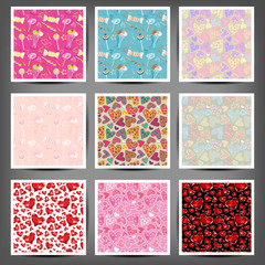 Set seamless patterns of hearts and squares