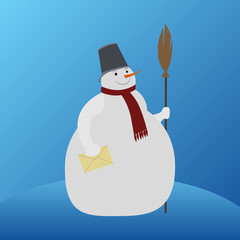Flat illustration of a snowman with a letter and a broom 