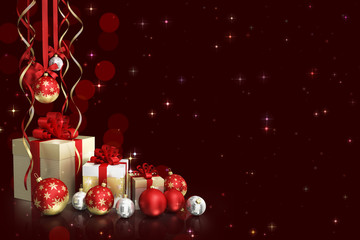 Fototapeta na wymiar Christmas theme with glass balls and gift boxes and free space for text