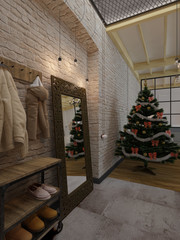 New year loft interior, Christmas tree, 3D render