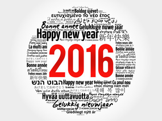 2016 Happy New Year in different languages, celebration word cloud greeting card