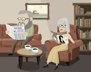 Husbands and their family life. Happy man and woman on the sofa in the living room. Simple cartoon vector illustration.