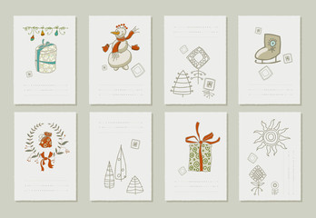 Fototapeta na wymiar Hand drawn collection of romantic invitations to Christmas and New Year. 8 gentle cards.