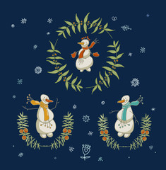 Obraz premium Christmas wreaths set with snowman and New Year graphic elements, holiday symbols