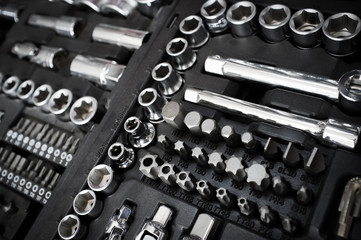 Set of chrome vanadium wrench tools on black box