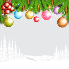 fir tree branch with cones and christmas balls on grey background with white forest landscape