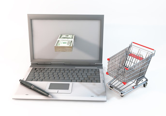 3D Graphic computer and 100 dollar bills protrude with near shopping cart. Rendered at high resolution on a white background