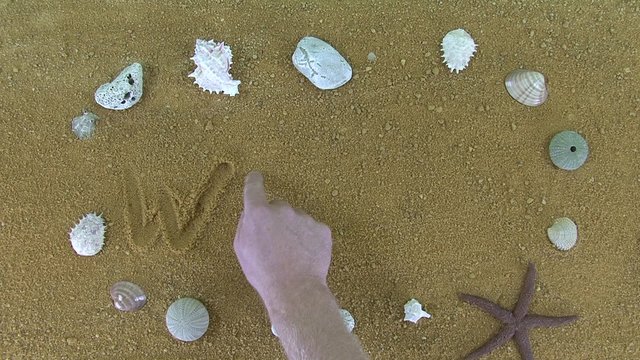 The inscription "world" written word finger in the sand. Bordered by rocks and seashell