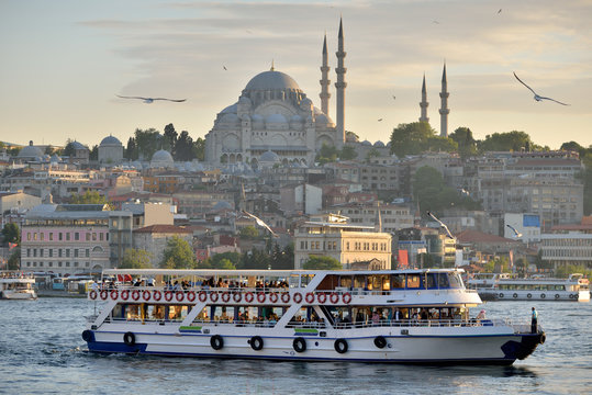 A ferry sails into the Bosphorus, in the background the Suleyman