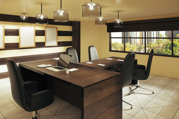 Modern brown style office with furniture and street view