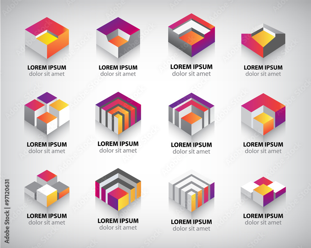 Poster vector set of colorful geometric 3d cube constructions, abstract logos