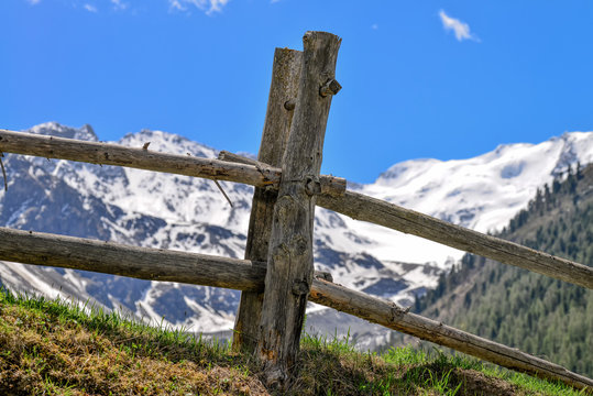 Holzzaun mit Holzn&auml;geln in Sulten S&uuml;dtirol mit Bergen und blauer Himmel im Hintergrund 