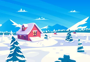 Deurstickers Vectorbeeldverhaalillustratie van een mooi sneeuwbedekt dorp bij dag. vierkante weergave © Krolone