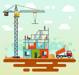 Vector flat style illustration of construction process, city landscape. Including crane, sand and cement, unloading truck with sand , builders and workers.