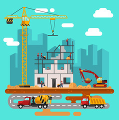 Vector flat style illustration of construction process, city landscape. Including crane and bulldozer or excavator, sand and cement, concrete mixer, truck on the road, builders and workers.