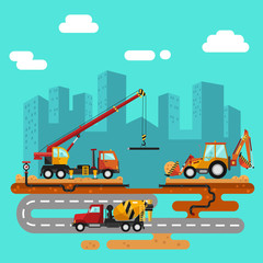 Vector flat style illustration of construction process, city landscape. Truck crane and bulldozer or excavator laying of the pipes. Including sand and cement, concrete mixer, pipelines.