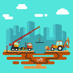 Obraz na płótnie Canvas Vector flat style illustration of construction process, city landscape. Truck crane and bulldozer or excavator laying of the pipes. Including sand and cement, dinosaur's bones, pipelines.