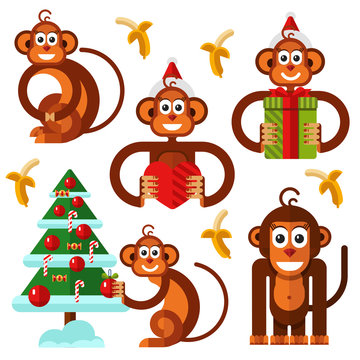 Flat style vector stock illustration of christmas monkey. Merry christmas monkey icons set. Monkey decorate the xmas tree, banana, monkey with heart, monkey with gift box, gorilla.