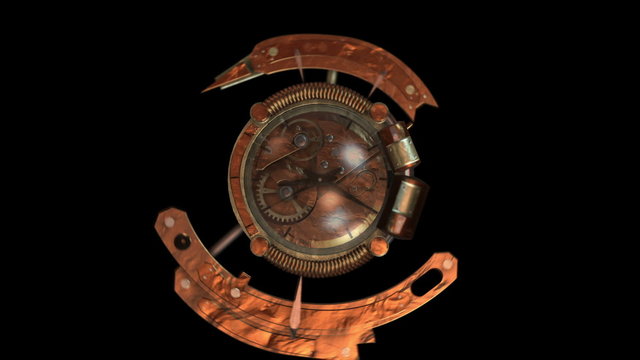 3D STEAMPUNK CLOCK FULL SHOT. Ideal for Science fiction movies, TV shows, intro, news, commercials, retro, steampunk, technology related projects. Includes ALPHA MATTE for easy background replacement.