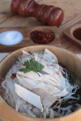 Chicken noodle and soup in bowl delicious.