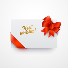 Vector greeting card with red ribbon.
