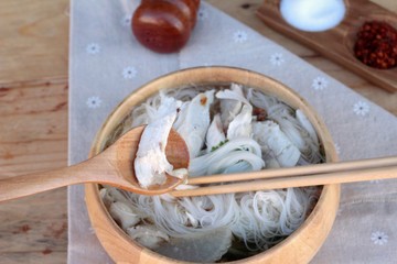 Fototapeta premium Chicken noodle and soup in bowl delicious.