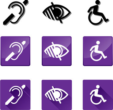 Deaf, Blind, Disabled Symbols.
Set of vector graphic symbols representing the universal signs for the deaf, blind and disabled.