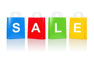 many colorful shopping bags with sale word