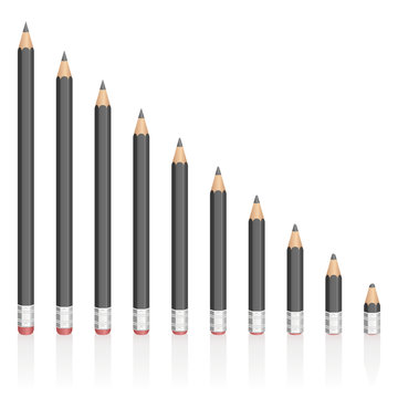 Graphite pencils getting shorter - symbolic for contraction, reduction, decrease, loss. Isolated vector illustration on white background.