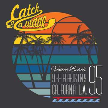 California Venice beach typography, t-shirt Printing design, Summer vector Badge Applique Label