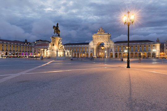 View of the Praca do Comercio in Lisbon, Portugal, at dusk