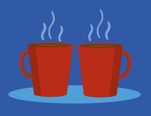 Two identical red mugs of coffee or hot chocolate steaming away on a blue background with copy space for text