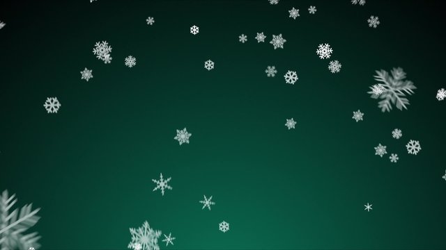 Seamless loop with ornamental snowflakes falling over a teal green gradient pattern background.