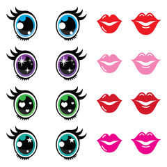 Naklejka premium Kawaii cute eyes and lips icons set, Kawaii character