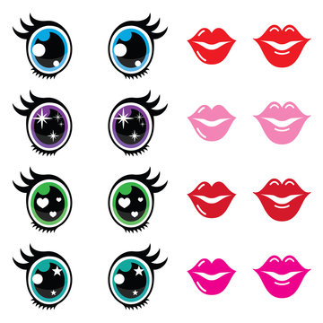Kawaii cute eyes and lips icons set, Kawaii character