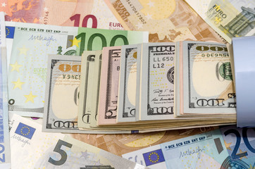 different Euro and dollar banknotes