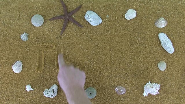 The word "travel" written word finger in the sand. Bordered by rocks and seashell