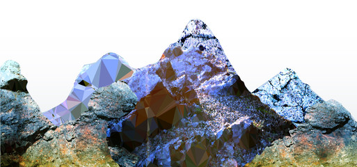 Panoramic mountain landscape of polygons with peaks and frozen cracked rocks